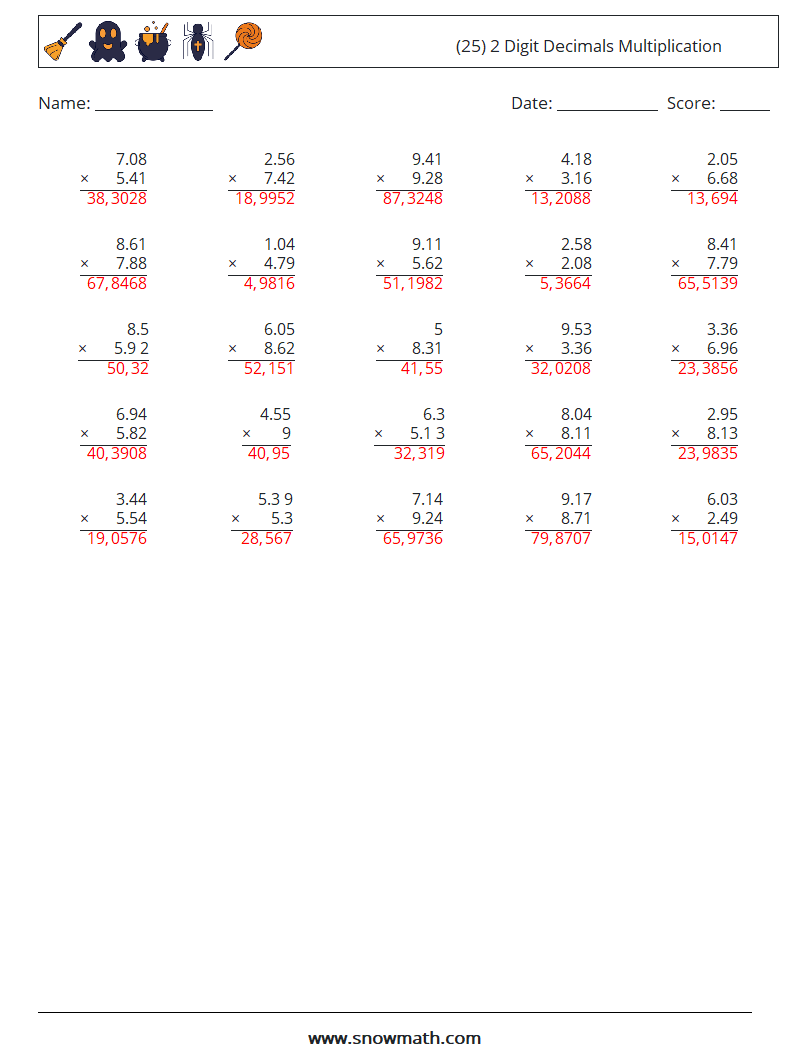 (25) 2 Digit Decimals Multiplication Math Worksheets 2 Question, Answer