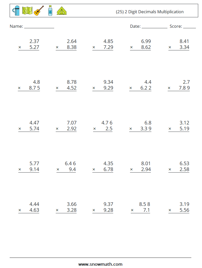 (25) 2 Digit Decimals Multiplication Math Worksheets 3