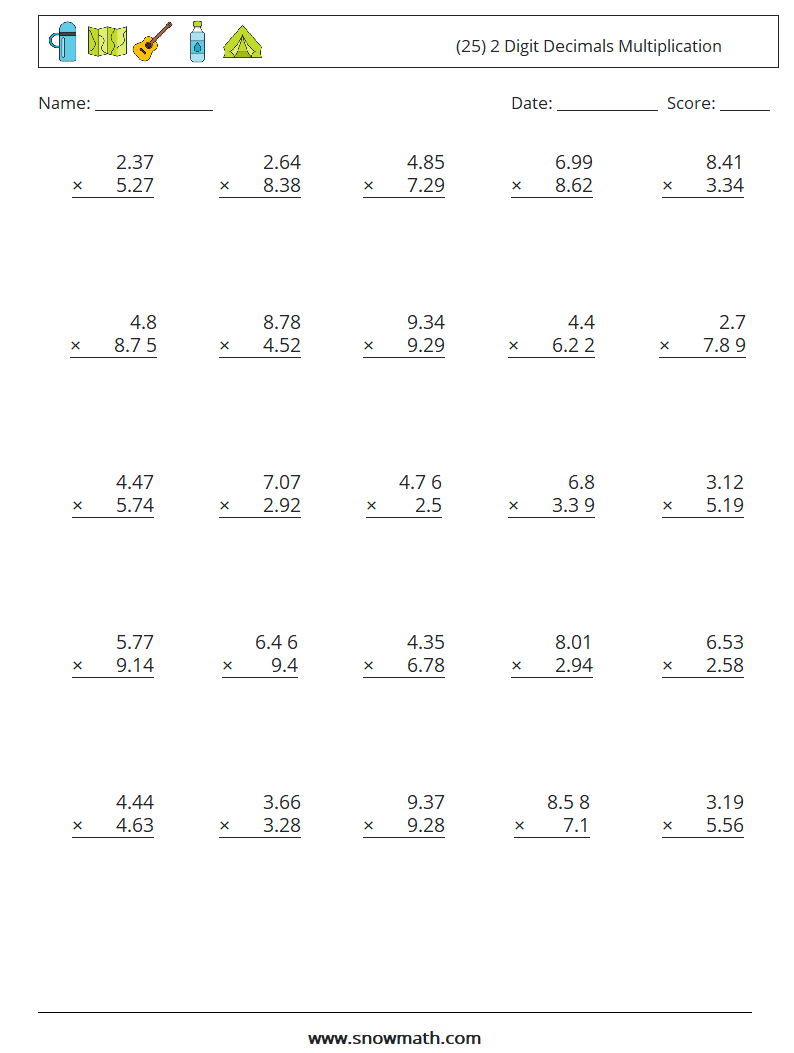 (25) 2 Digit Decimals Multiplication Maths Worksheets 3