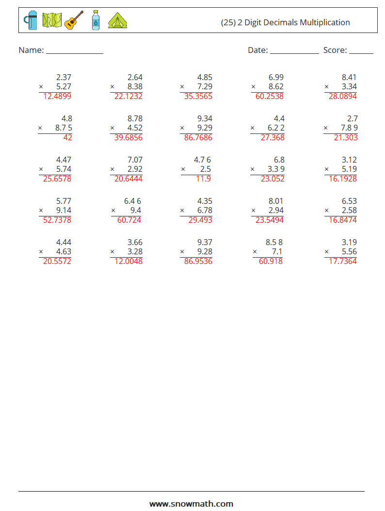 (25) 2 Digit Decimals Multiplication Math Worksheets 3 Question, Answer