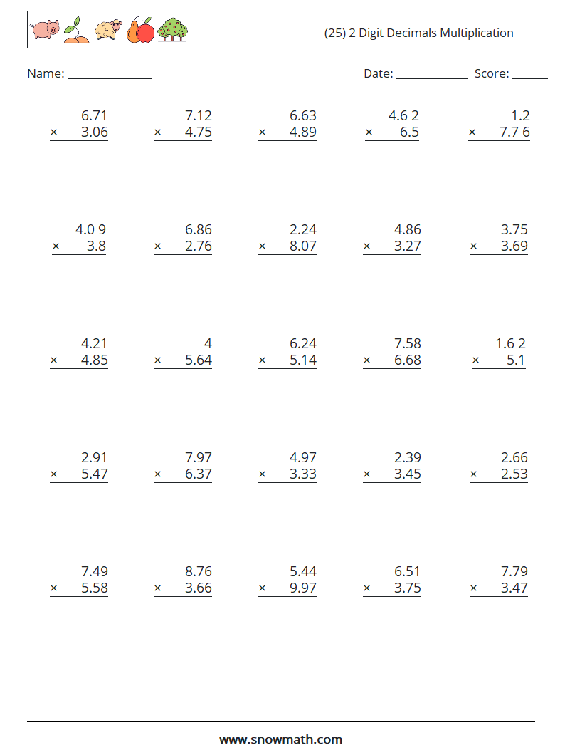 (25) 2 Digit Decimals Multiplication Math Worksheets 4