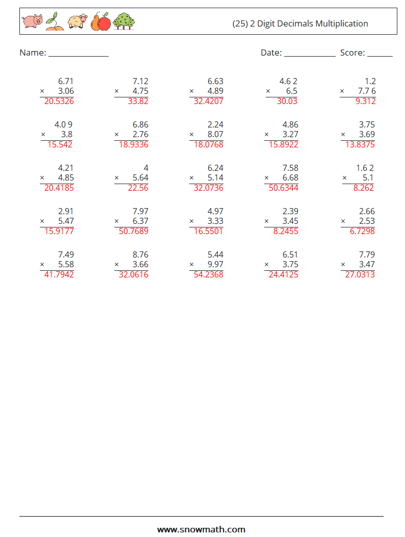 (25) 2 Digit Decimals Multiplication Math Worksheets 4 Question, Answer