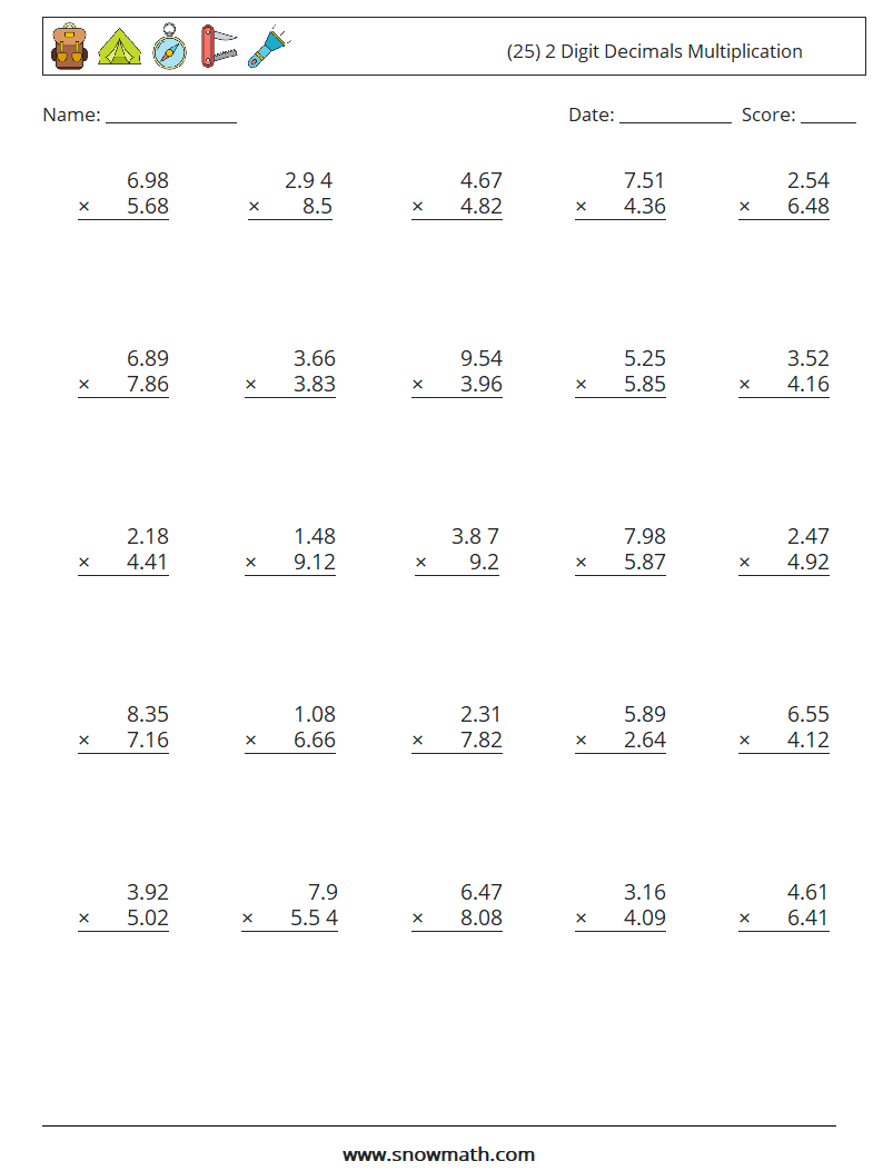 (25) 2 Digit Decimals Multiplication Maths Worksheets 5
