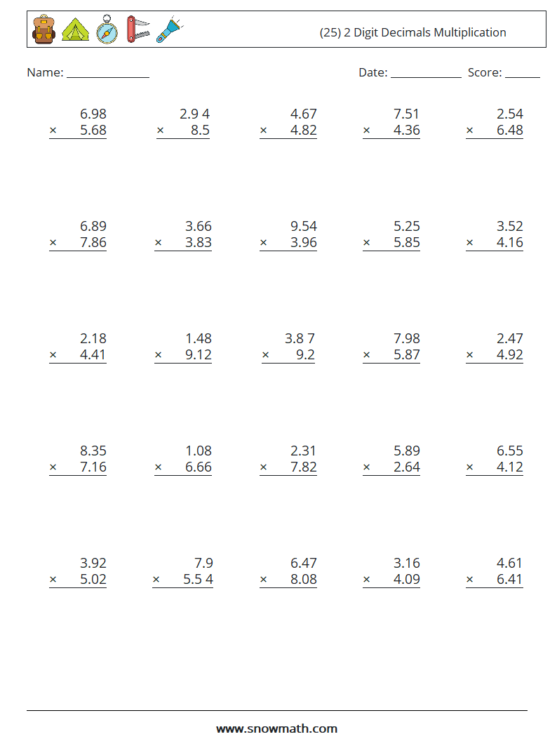 (25) 2 Digit Decimals Multiplication Math Worksheets 5