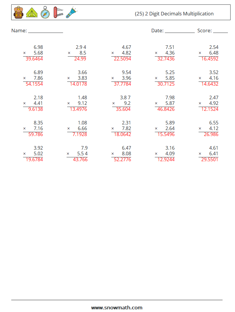 (25) 2 Digit Decimals Multiplication Math Worksheets 5 Question, Answer