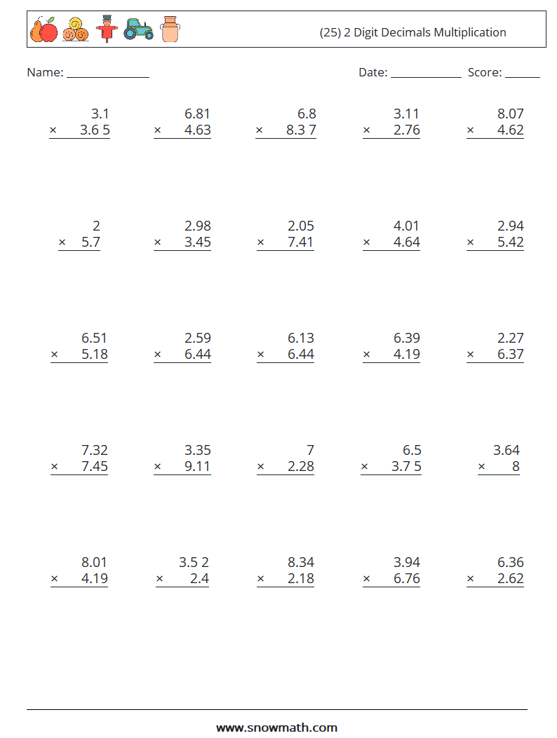 (25) 2 Digit Decimals Multiplication Math Worksheets 6
