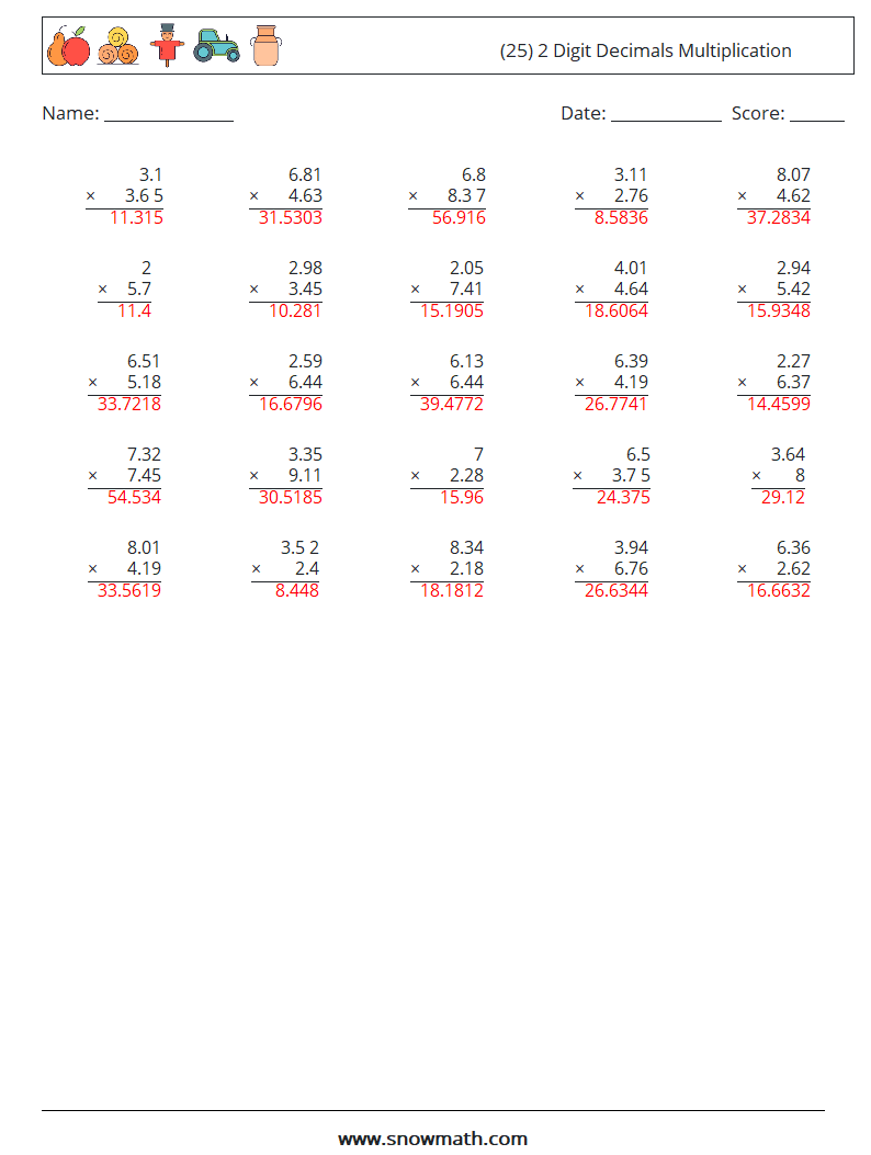 (25) 2 Digit Decimals Multiplication Math Worksheets 6 Question, Answer