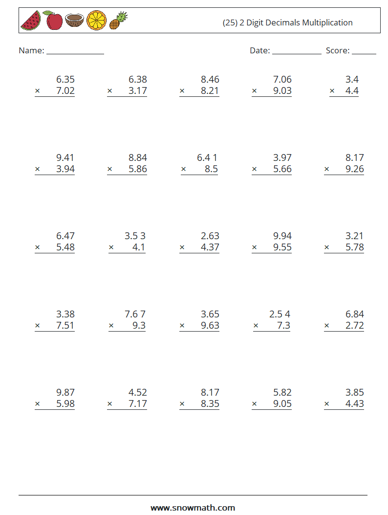 (25) 2 Digit Decimals Multiplication Math Worksheets 7