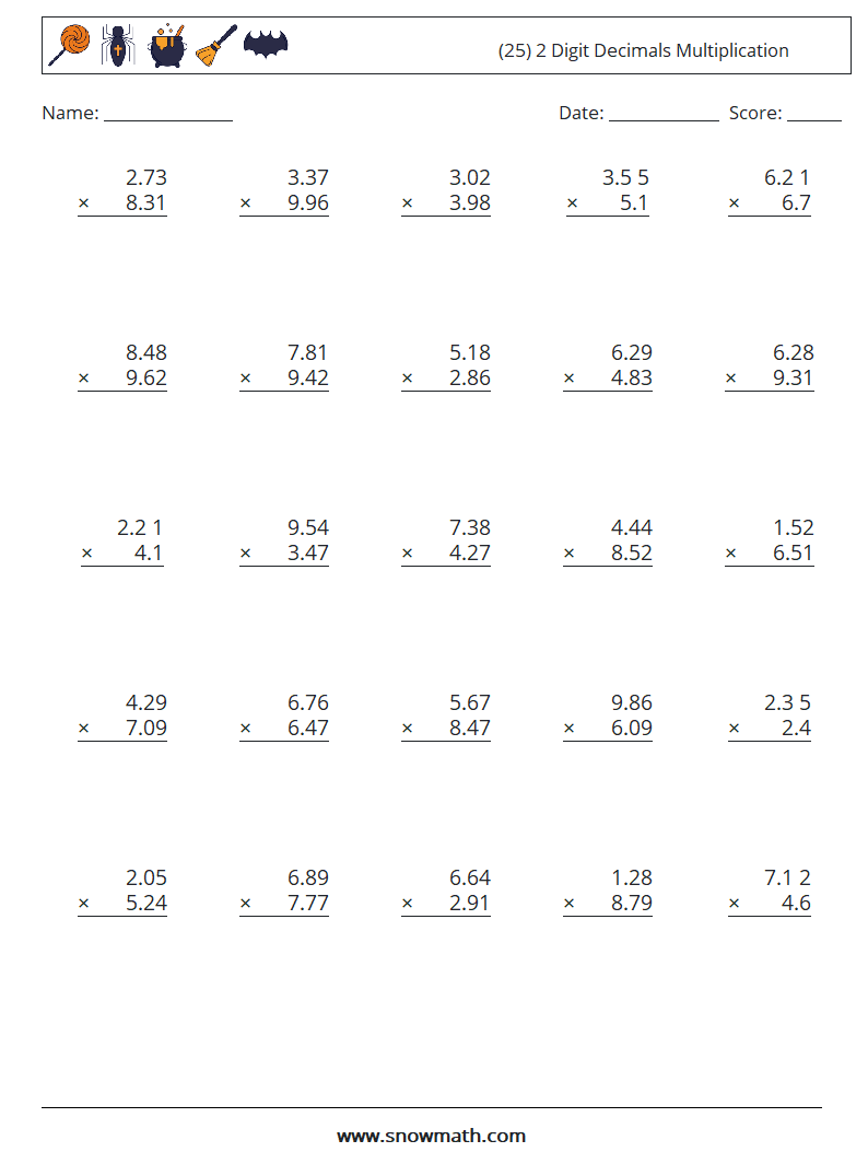 (25) 2 Digit Decimals Multiplication Maths Worksheets 8