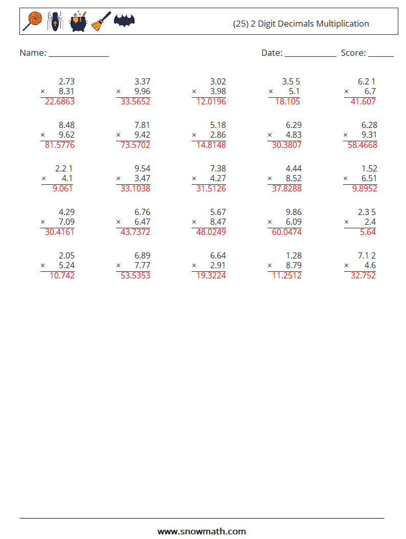 (25) 2 Digit Decimals Multiplication Math Worksheets 8 Question, Answer