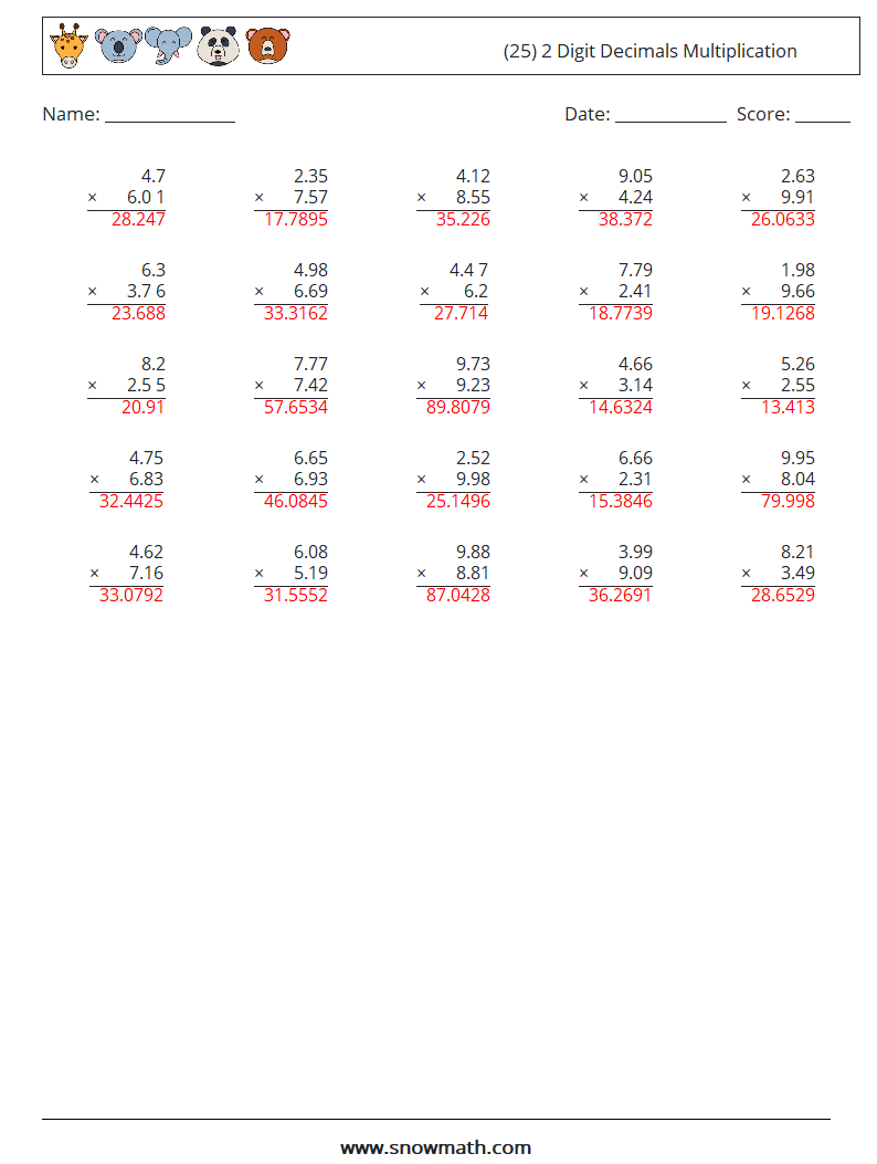 (25) 2 Digit Decimals Multiplication Math Worksheets 9 Question, Answer