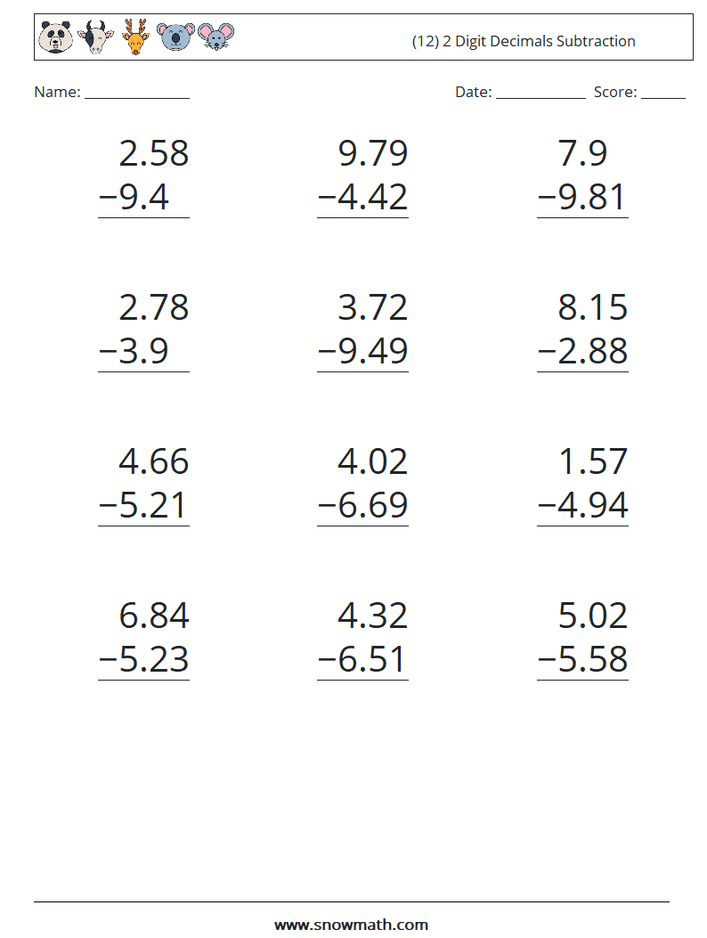 (12) 2 Digit Decimals Subtraction Math Worksheets 1