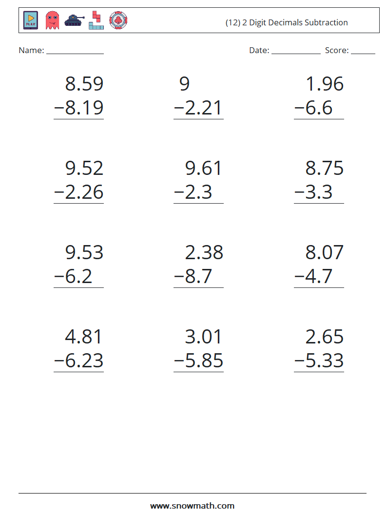 (12) 2 Digit Decimals Subtraction Math Worksheets 10