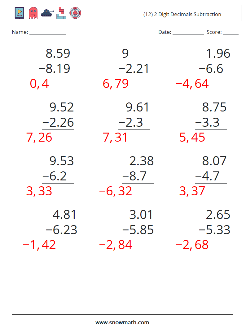 (12) 2 Digit Decimals Subtraction Math Worksheets 10 Question, Answer