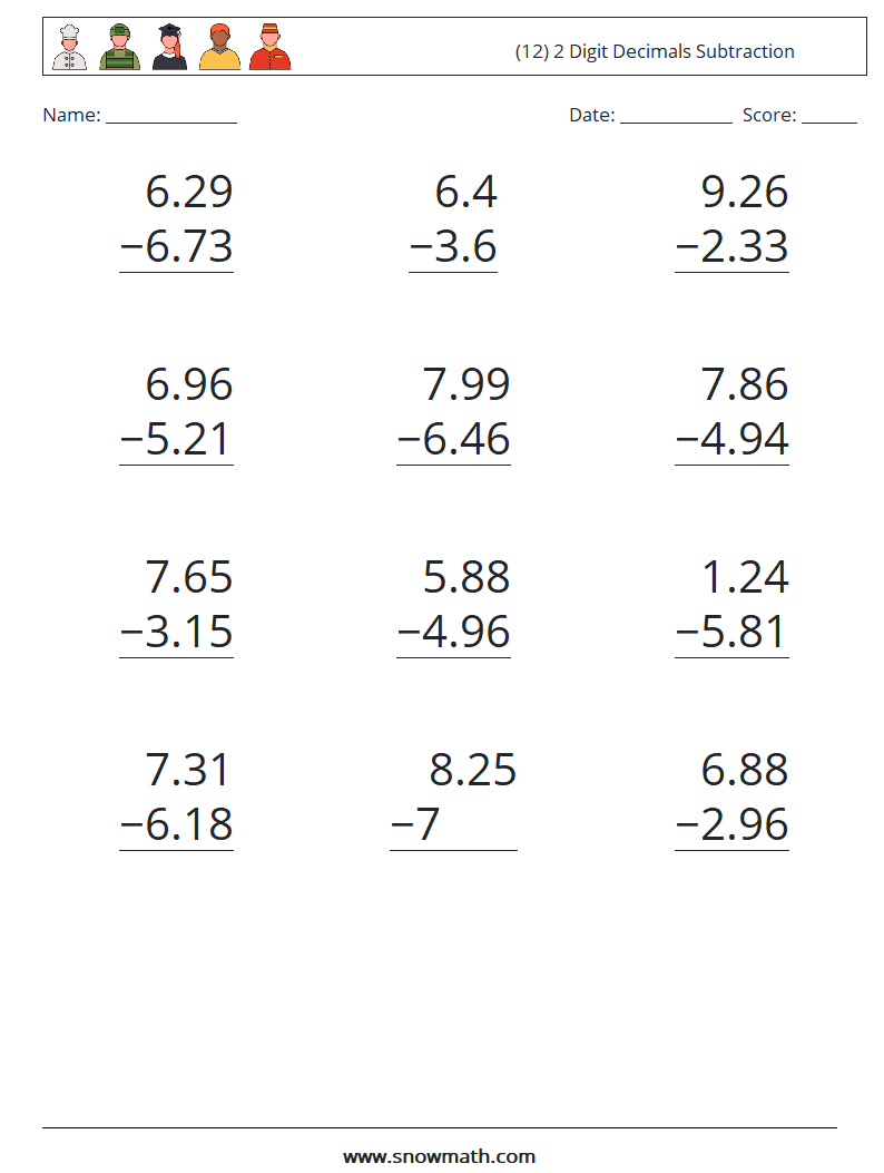 (12) 2 Digit Decimals Subtraction Maths Worksheets 11