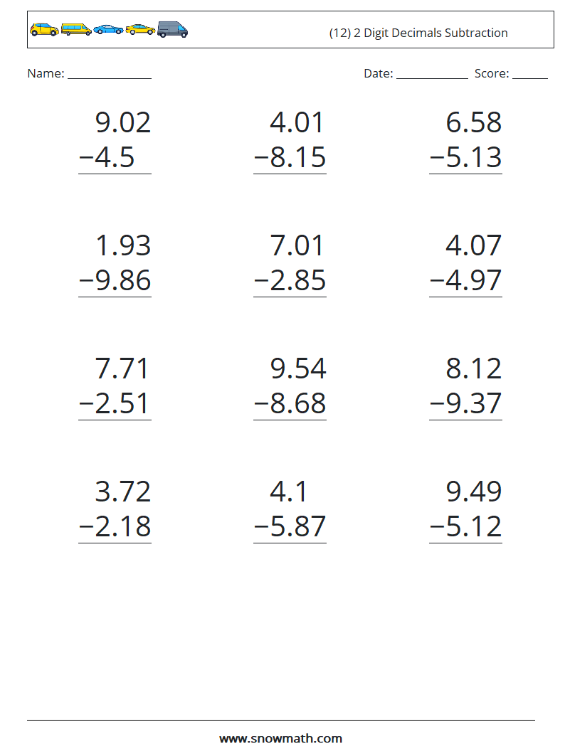 (12) 2 Digit Decimals Subtraction Math Worksheets 12