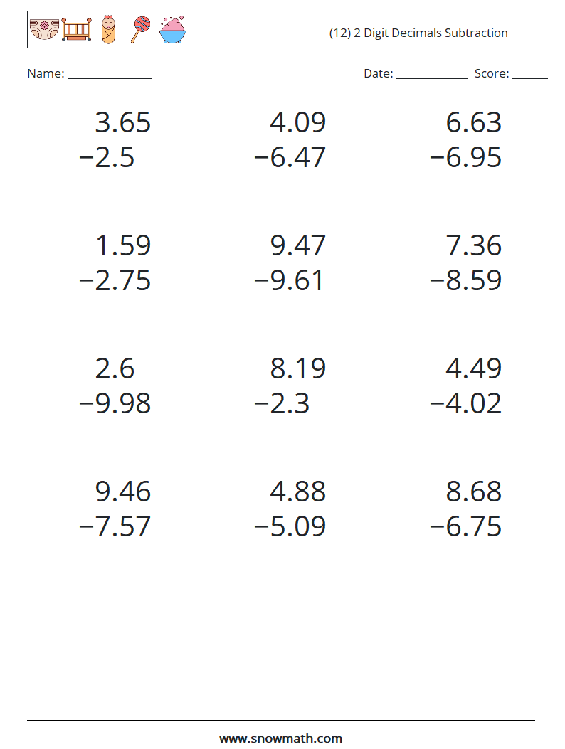 (12) 2 Digit Decimals Subtraction Math Worksheets 13