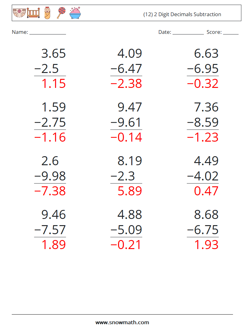 (12) 2 Digit Decimals Subtraction Math Worksheets 13 Question, Answer