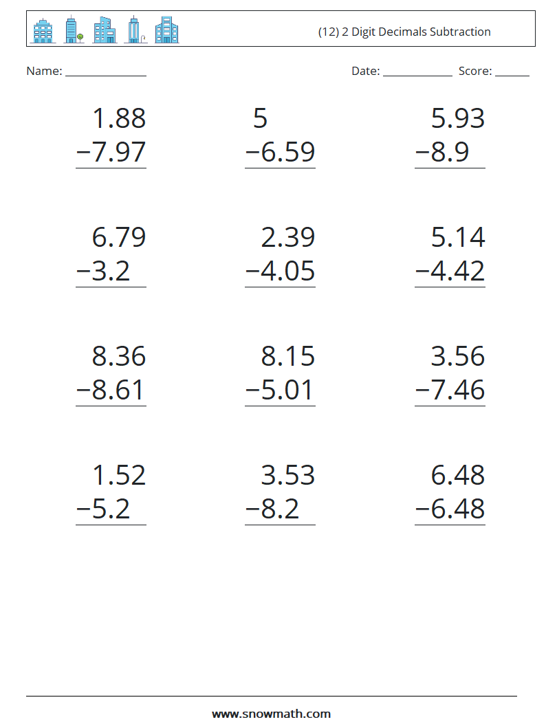 (12) 2 Digit Decimals Subtraction Maths Worksheets 14