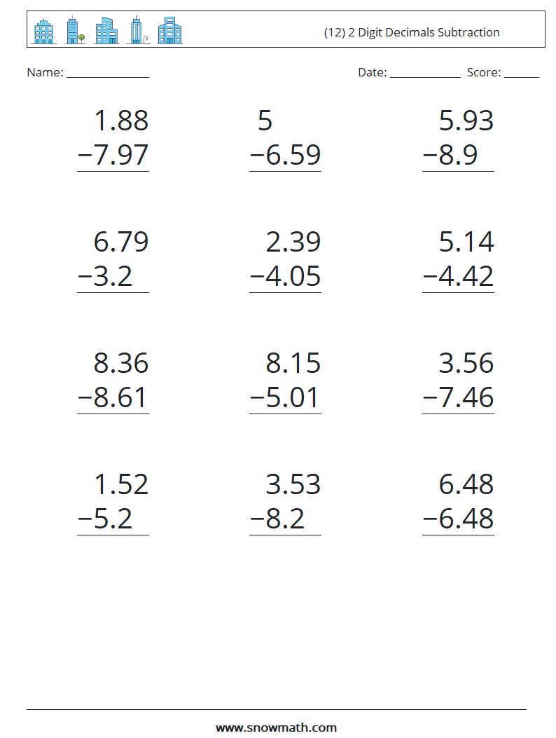 (12) 2 Digit Decimals Subtraction Math Worksheets 14