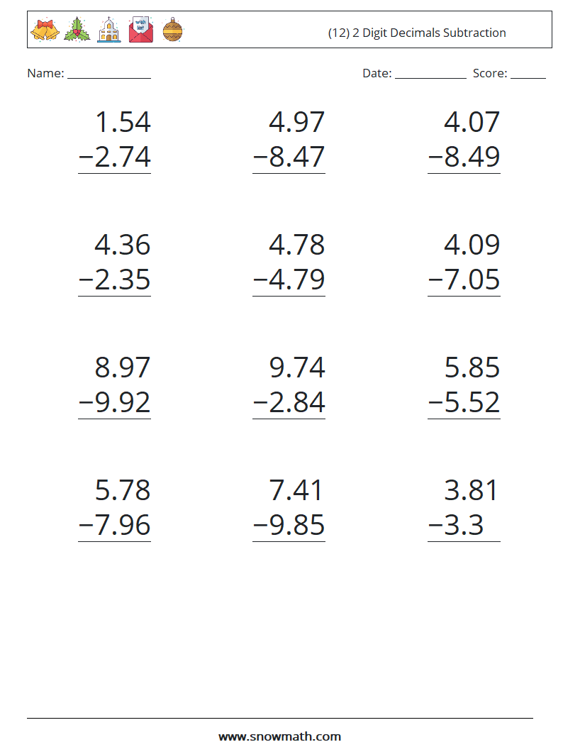 (12) 2 Digit Decimals Subtraction Maths Worksheets 15