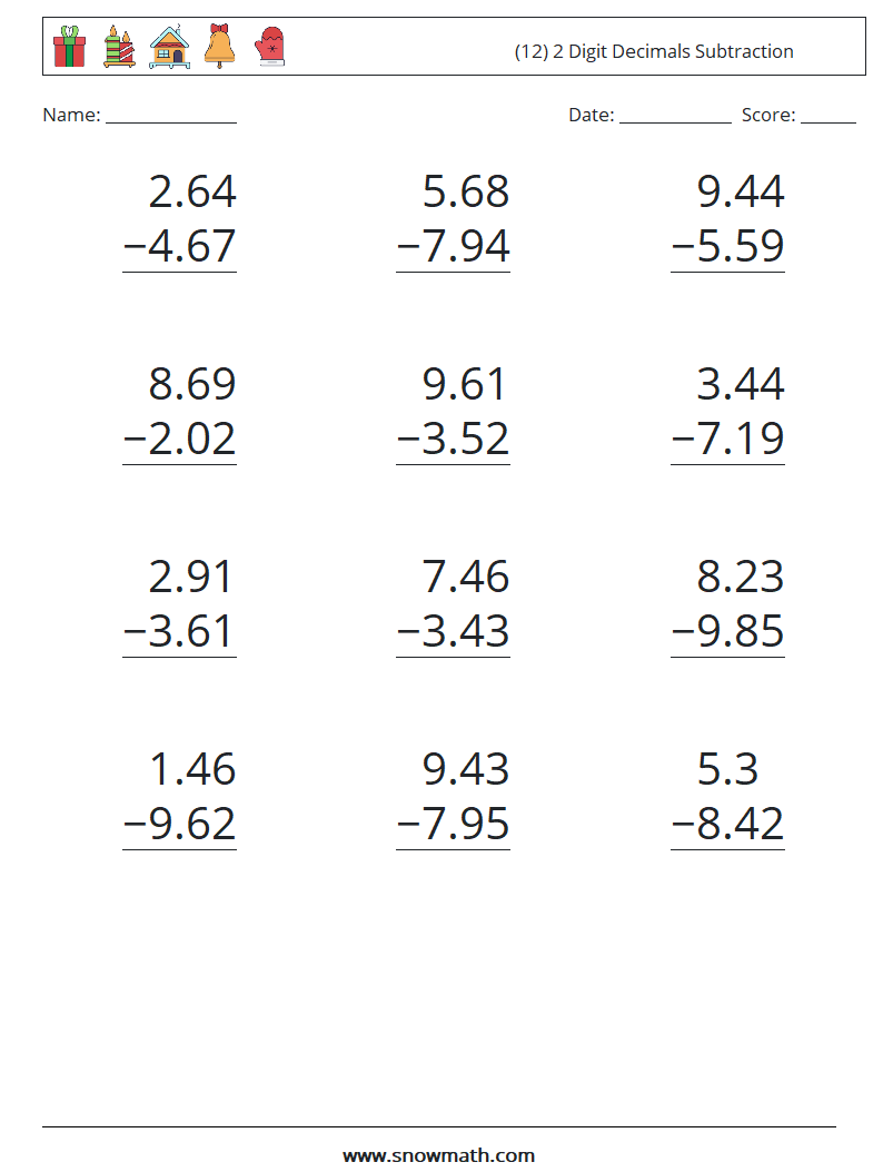 (12) 2 Digit Decimals Subtraction Math Worksheets 16