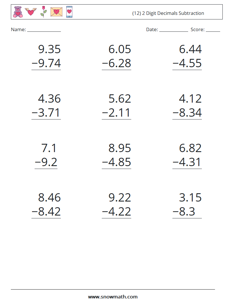 (12) 2 Digit Decimals Subtraction Maths Worksheets 17