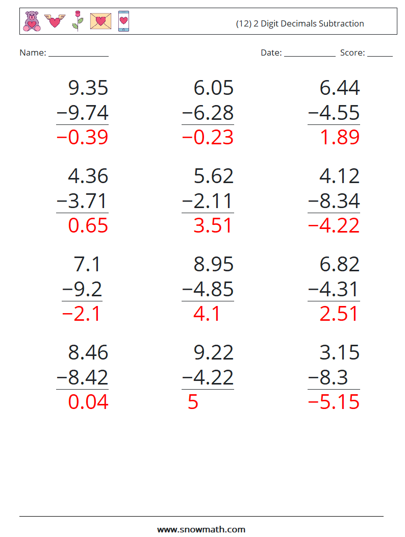 (12) 2 Digit Decimals Subtraction Math Worksheets 17 Question, Answer