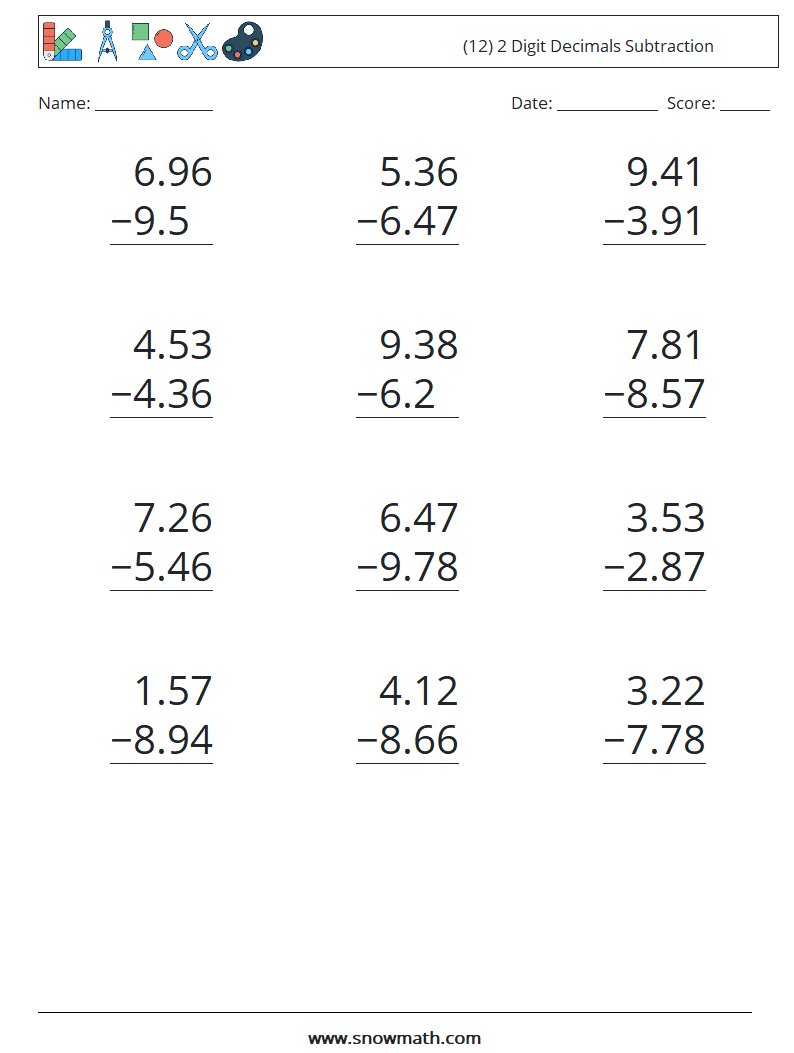 (12) 2 Digit Decimals Subtraction Math Worksheets 18