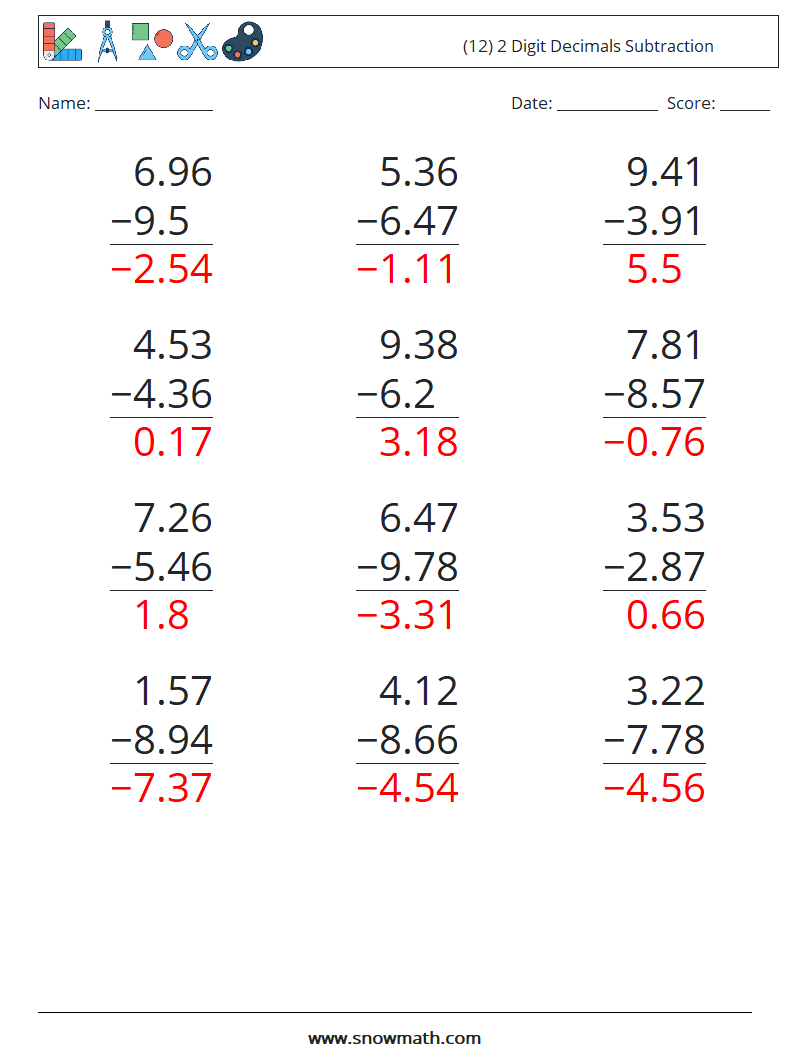 (12) 2 Digit Decimals Subtraction Math Worksheets 18 Question, Answer