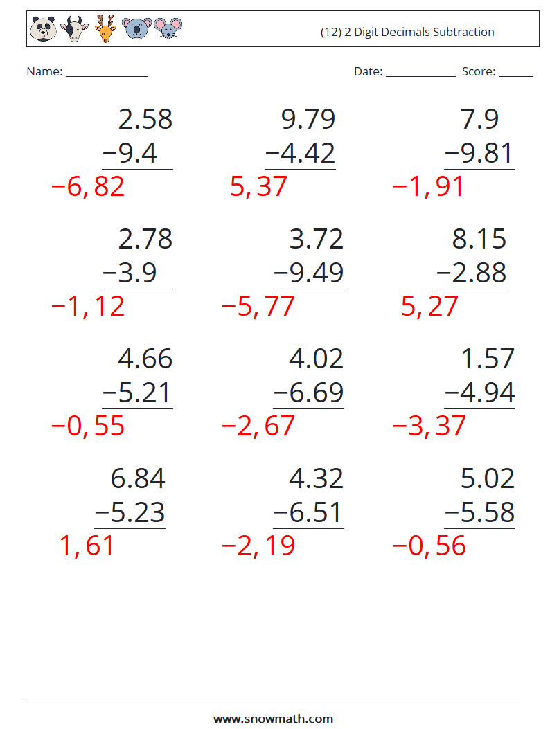 (12) 2 Digit Decimals Subtraction Math Worksheets 1 Question, Answer