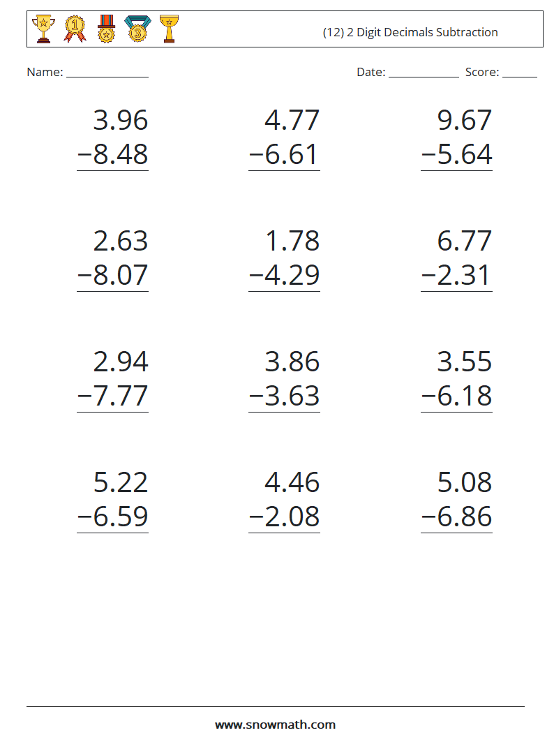 (12) 2 Digit Decimals Subtraction Maths Worksheets 2