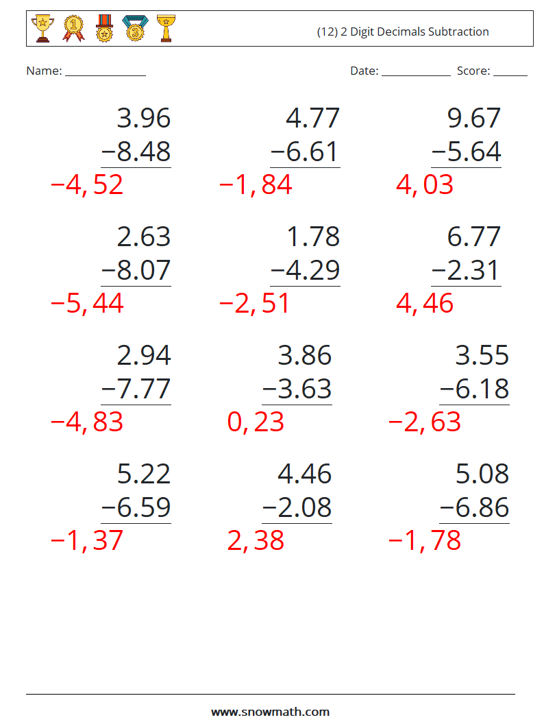 (12) 2 Digit Decimals Subtraction Math Worksheets 2 Question, Answer