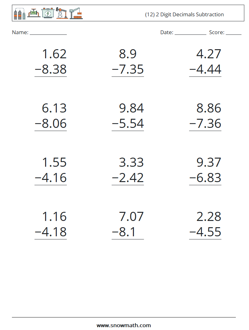 (12) 2 Digit Decimals Subtraction Math Worksheets 3