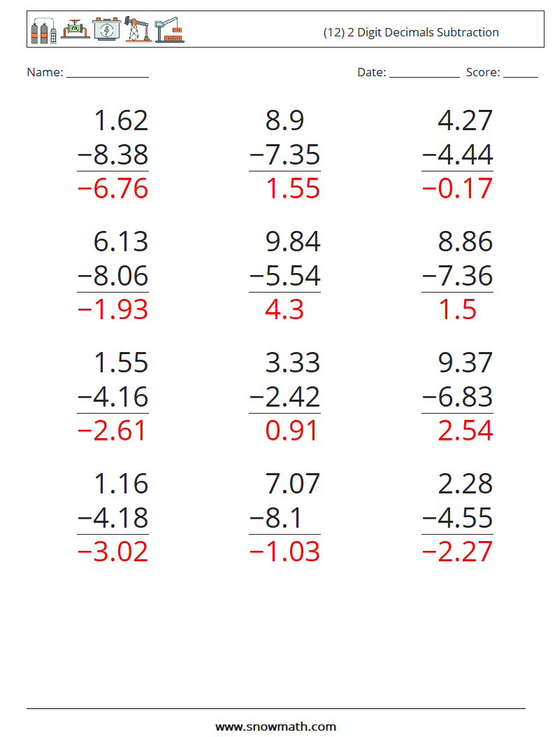 (12) 2 Digit Decimals Subtraction Math Worksheets 3 Question, Answer