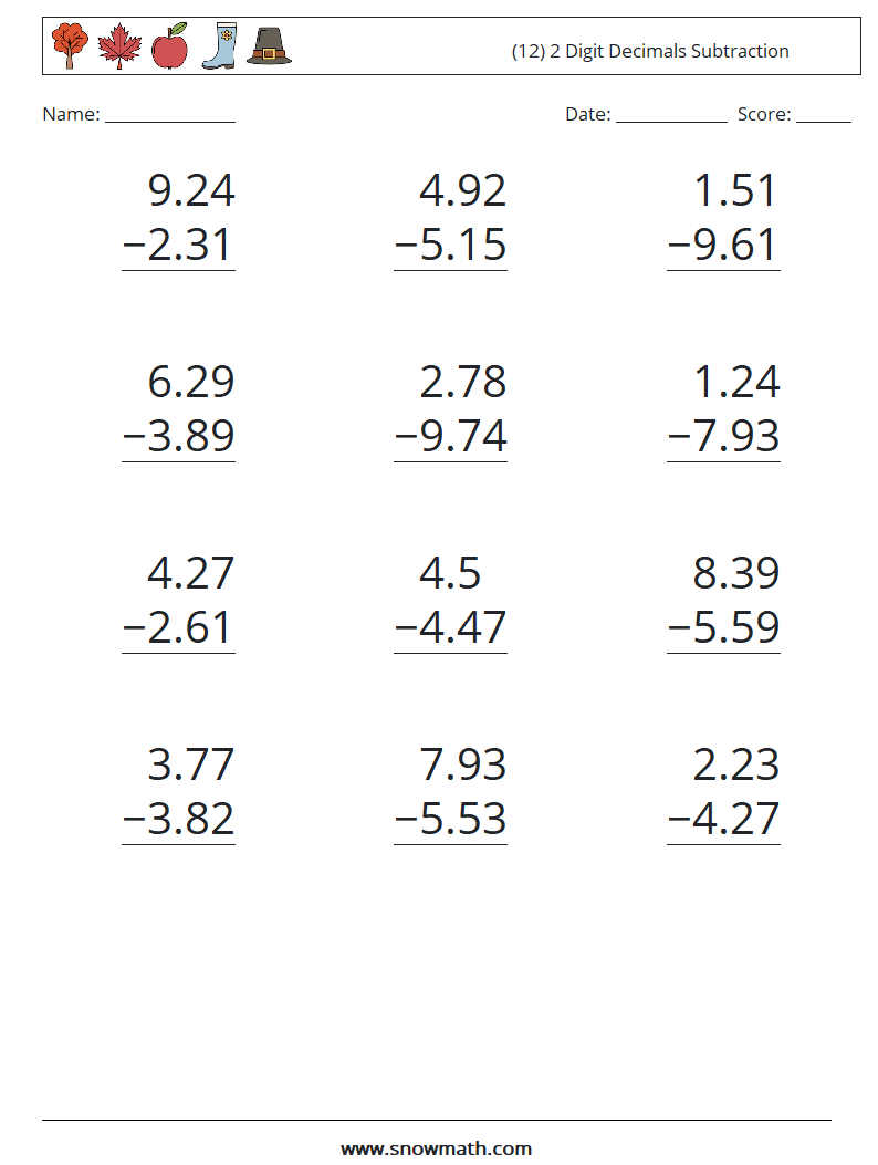 (12) 2 Digit Decimals Subtraction Math Worksheets 4