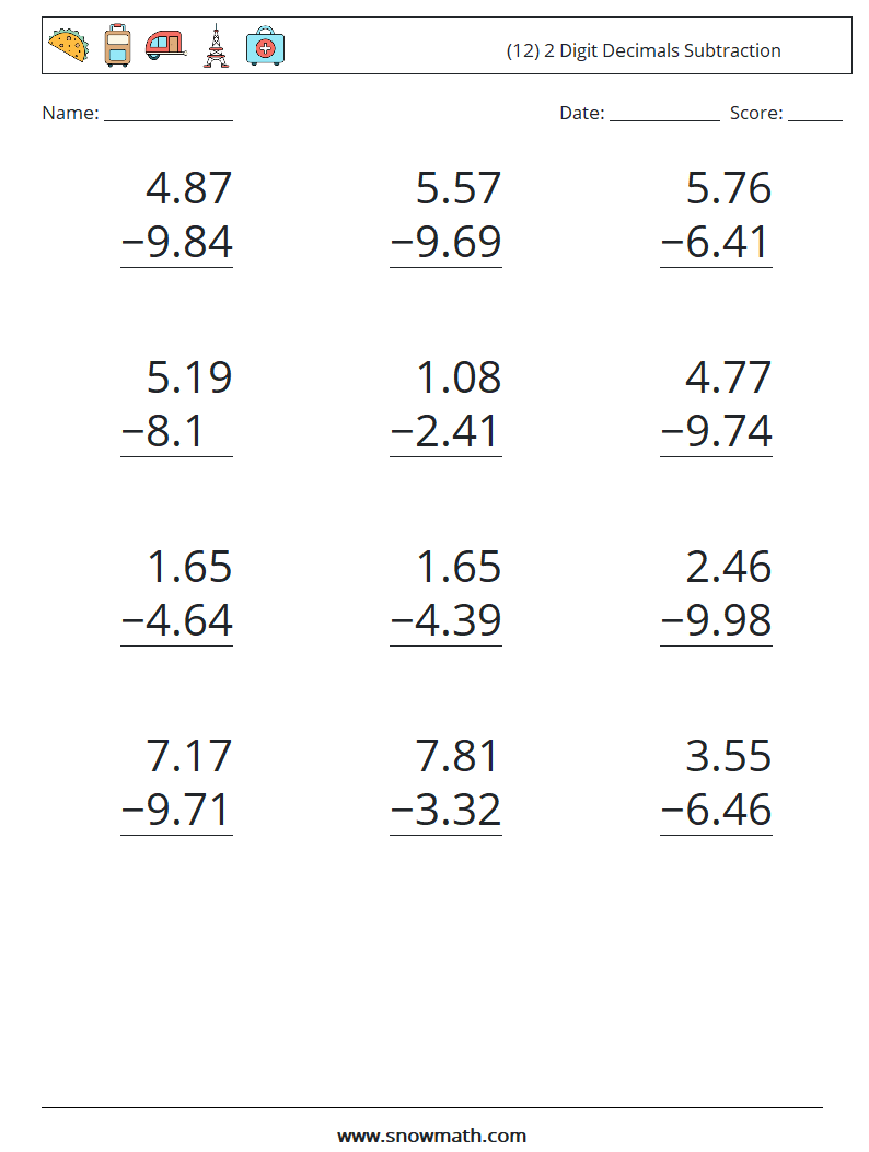 (12) 2 Digit Decimals Subtraction Maths Worksheets 5