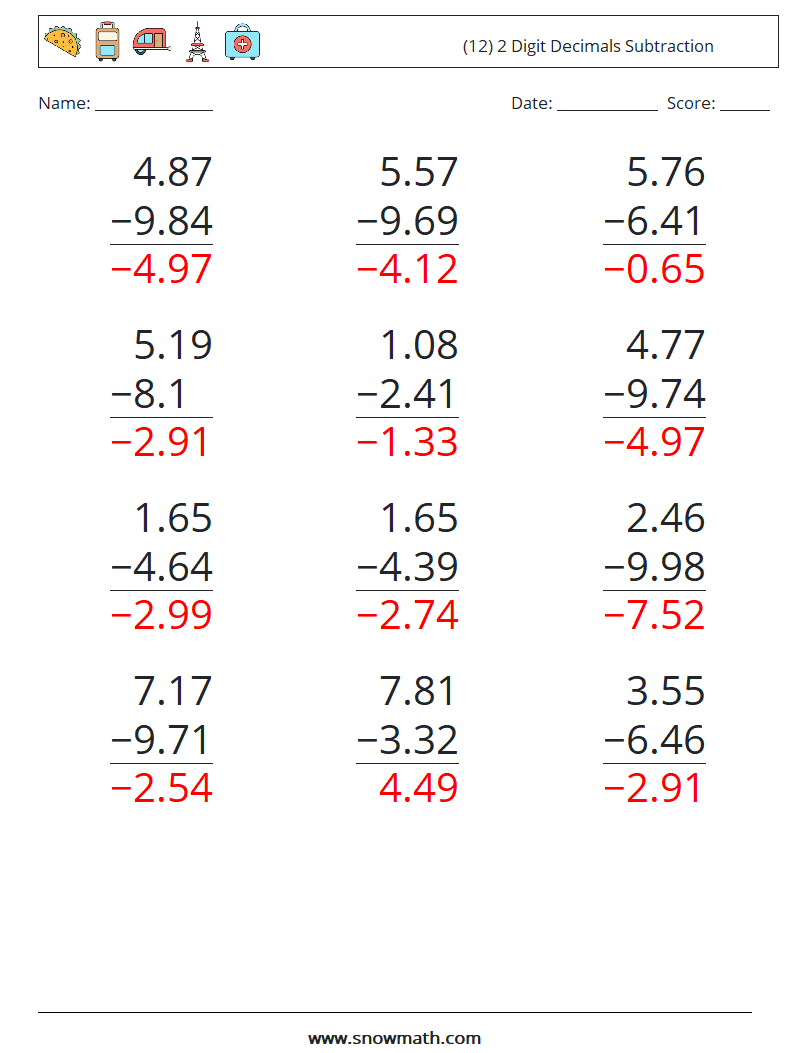 (12) 2 Digit Decimals Subtraction Math Worksheets 5 Question, Answer