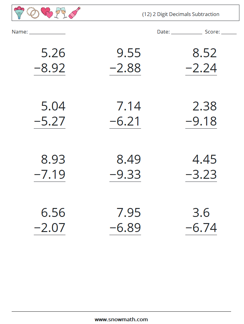 (12) 2 Digit Decimals Subtraction Maths Worksheets 6