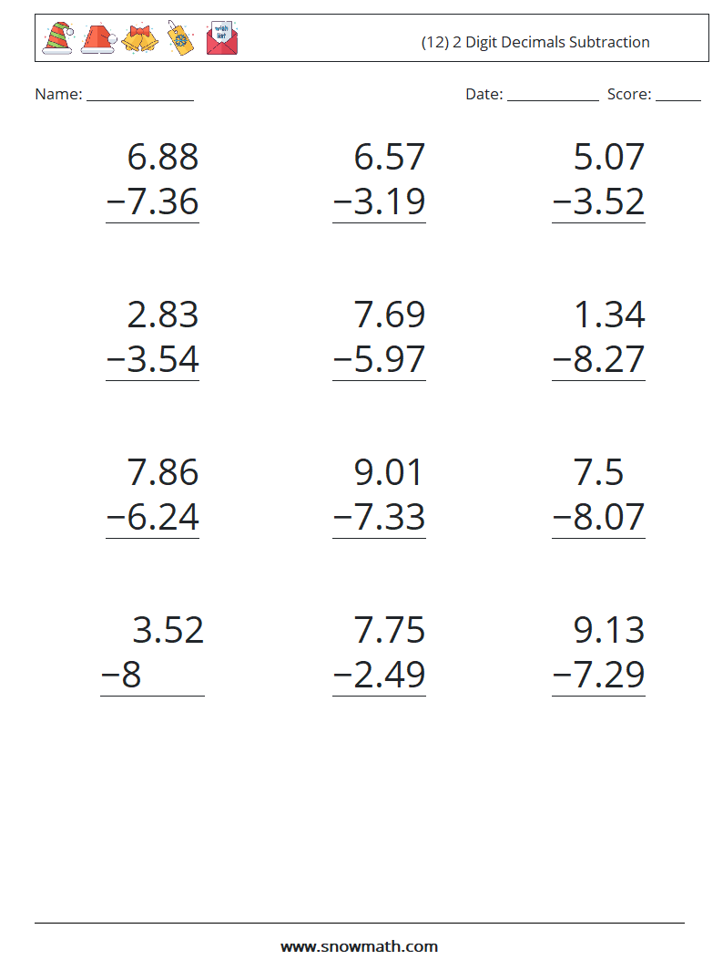 (12) 2 Digit Decimals Subtraction Math Worksheets 7