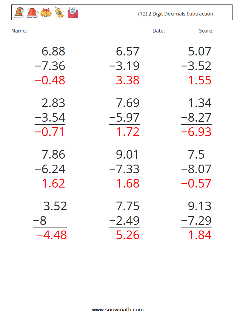 (12) 2 Digit Decimals Subtraction Math Worksheets 7 Question, Answer