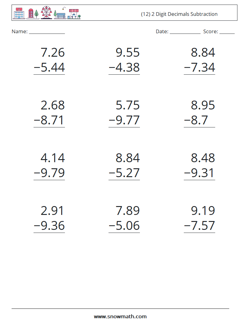 (12) 2 Digit Decimals Subtraction Maths Worksheets 8