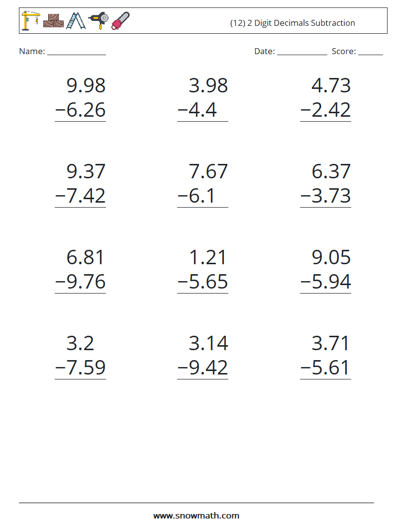 (12) 2 Digit Decimals Subtraction Math Worksheets 9