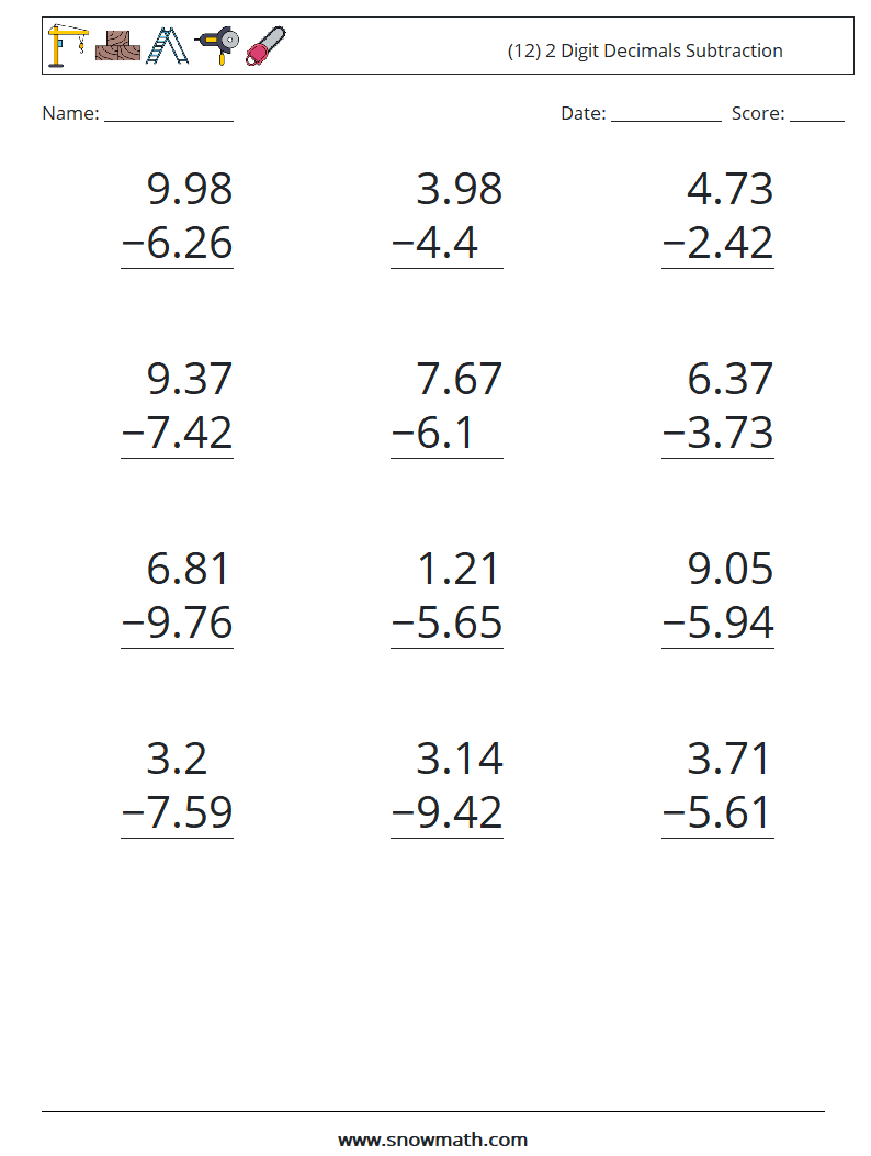 (12) 2 Digit Decimals Subtraction Maths Worksheets 9