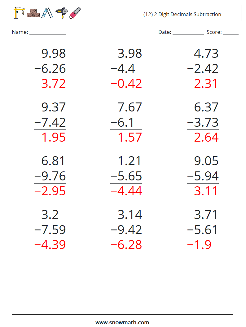 (12) 2 Digit Decimals Subtraction Math Worksheets 9 Question, Answer