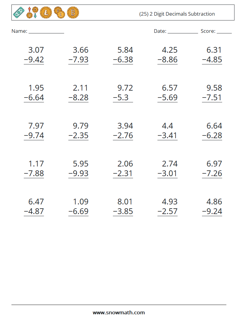 (25) 2 Digit Decimals Subtraction Maths Worksheets 1