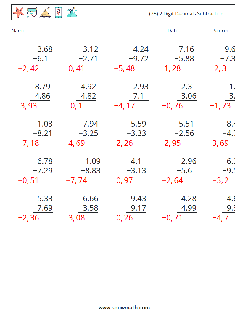 (25) 2 Digit Decimals Subtraction Math Worksheets 10 Question, Answer