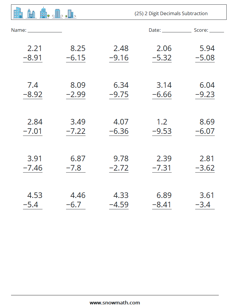 (25) 2 Digit Decimals Subtraction Math Worksheets 13