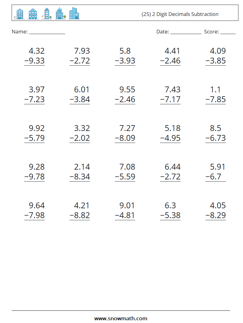 (25) 2 Digit Decimals Subtraction Math Worksheets 14