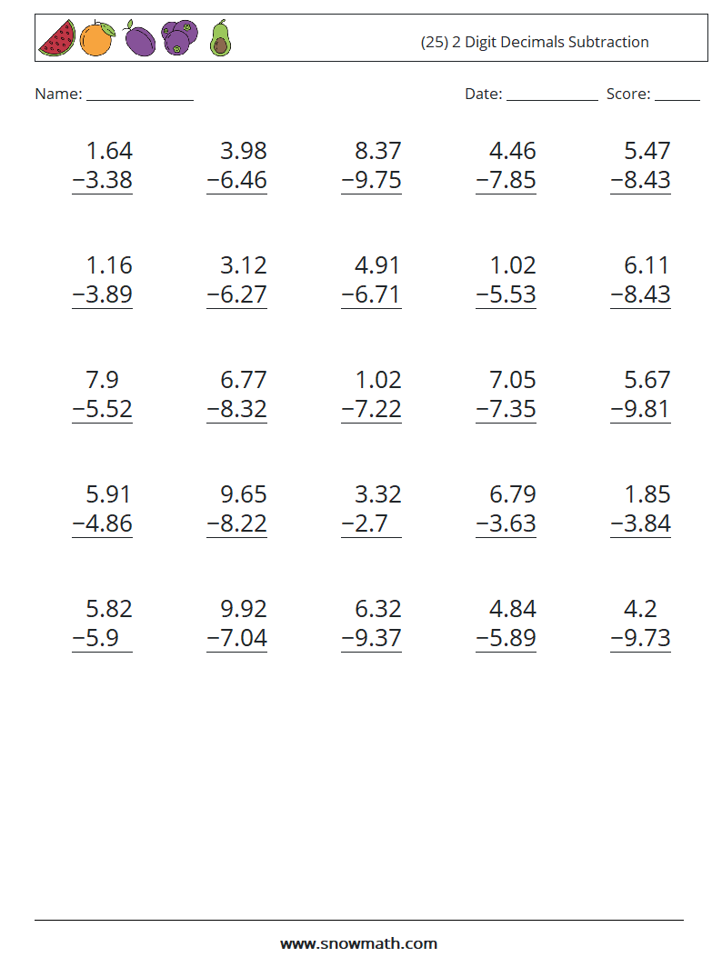 (25) 2 Digit Decimals Subtraction Math Worksheets 15